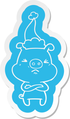 Bir insan tarafından çizilmiş Noel Baba şapkası giyen kızgın bir domuzun garip çizgi film etiketi.