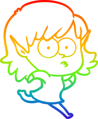 Gökkuşağı gradyan çizgi çizimi bir insan tarafından çizilmiş bir elf kızı