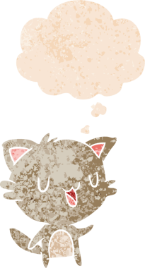 Düşünce baloncuklu çizgi film mutlu kedi grunge sıkıntılı retro dokuma bir insan tarafından çizilmiş