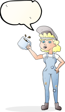 Bir insan tarafından çizilmiş tulumlu serbest konuşma balonu karikatürü kadın.