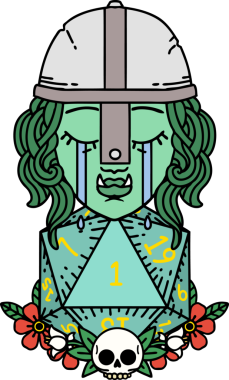 Retro Dövme Tarzı Ağlayan Ork Savaşçısı Karakteri Bir insan tarafından çizilmiş doğal bir D20 rulosu