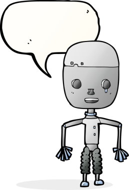 Bir insan tarafından çizilmiş konuşma balonu olan çizgi film robotu.