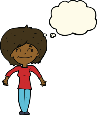 Bir insan tarafından çizilmiş düşünce baloncuğuyla omuz silken çizgi film kadını.