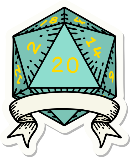 Bir insan tarafından çizilmiş 20 kritik vuruşluk D20 zar etiketi.