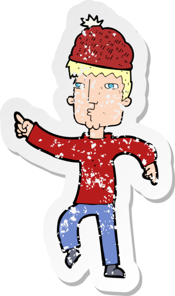 Bir insan tarafından çizilmiş şapkalı bir karikatürcünün sıkıntılı retro yapıştırması.