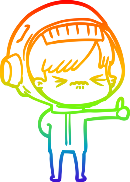 Gökkuşağı gradyan çizgi çizimi. Sinirli bir uzay kızı. Bir insan tarafından başparmak işareti çiziyor.