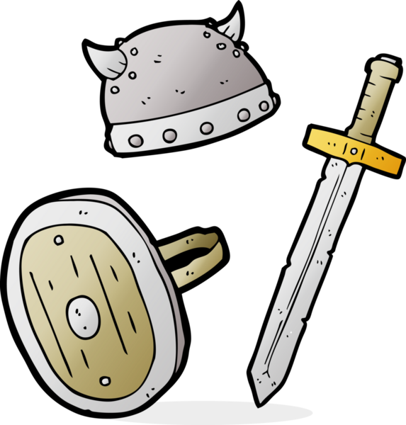 Bir insan tarafından çizilmiş Ortaçağ savaşçı nesneleri.