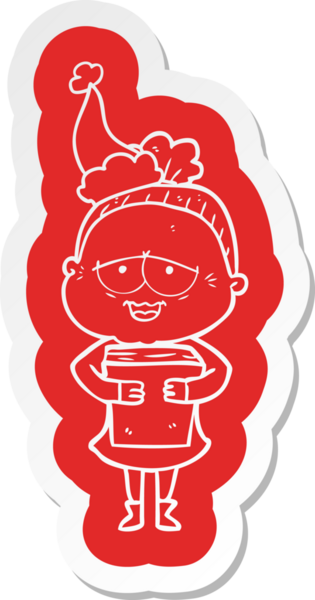 Bir insan tarafından çizilmiş Noel Baba şapkası giyen mutlu yaşlı bir kadının garip çizgi film etiketi.