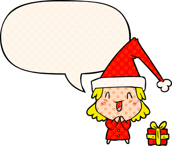 Çizgi roman tarzında bir insan tarafından çizilmiş konuşma balonlu Noel şapkası takan kız.