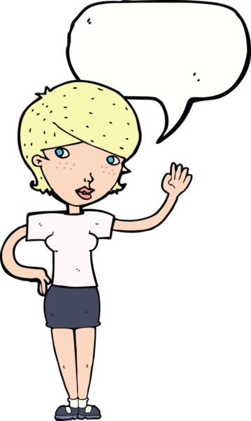 Bir insan tarafından çizilmiş bir konuşma balonuyla el sallayan çizgi film kadını.