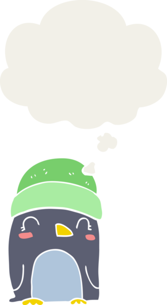 Bir insan tarafından çizilmiş düşünce baloncuğu olan sevimli penguen çizgi filmi.