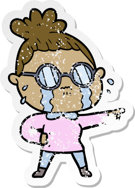 Bir insan tarafından çizilmiş gözlüklü, ağlayan bir karikatür çıkartması.