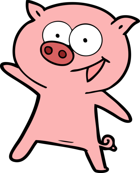 Bir insan tarafından çizilmiş neşeli dans eden domuz çizgi filmi.