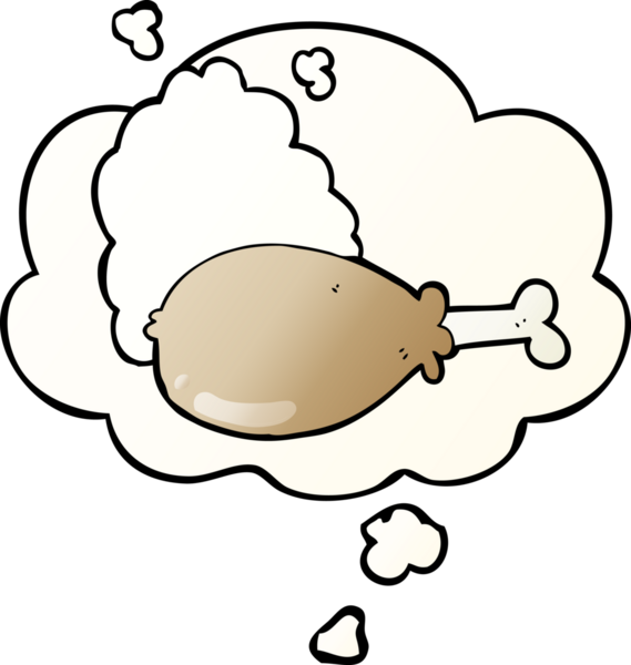 Düşünce baloncuğu olan tavuk budu çizgi filmi bir insan tarafından çizilmiş.