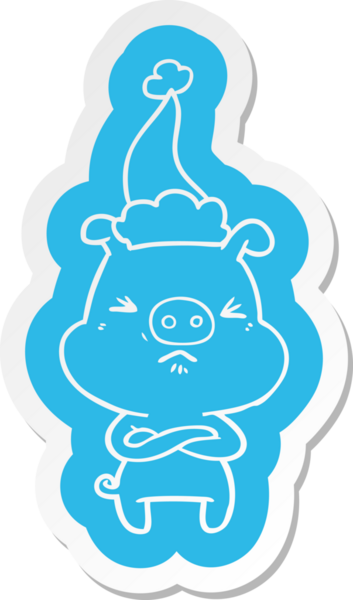 Bir insan tarafından çizilmiş Noel Baba şapkası giyen kızgın bir domuzun garip çizgi film etiketi.