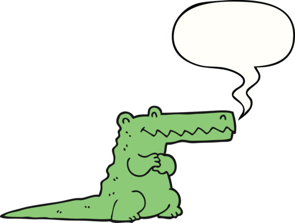 Bir insan tarafından çizilmiş konuşma balonlu çizgi film timsahı.