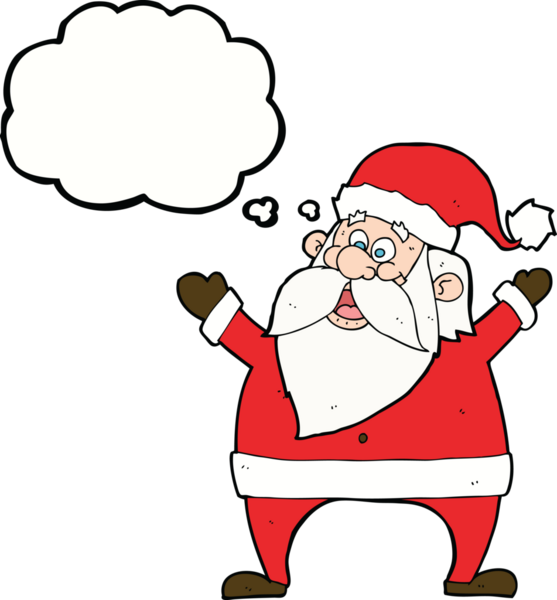 Düşünce baloncuğu çizilmiş neşeli Noel Baba çizgi filmi