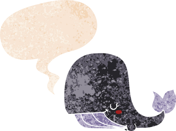 Bir insan tarafından çizilmiş grunge dertli retro tarzı konuşma balinası ile çizgi film balinası