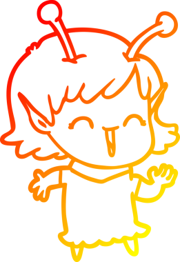 Bir insan tarafından çizilen gülen uzaylı bir kızın sıcak çizgi çizimi.