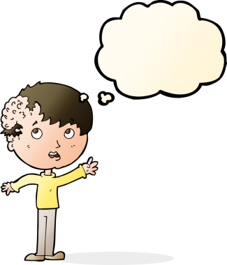 Kafasında bir insan tarafından çizilmiş düşünce balonuyla büyüyen çizgi film çocuğu.