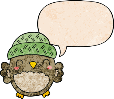 Bir insan tarafından çizilmiş eski moda konuşma baloncuğu olan şapkalı sevimli çizgi film baykuşu.