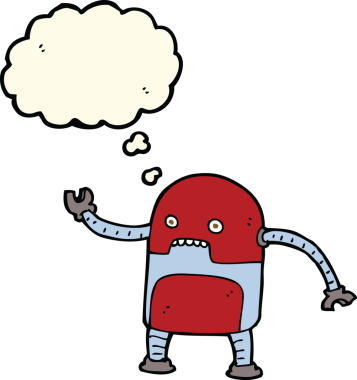 Bir insan tarafından çizilmiş düşünce baloncuklu komik robot.