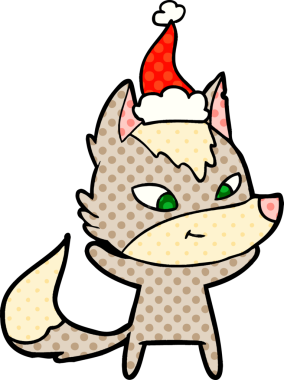 Bir insan tarafından çizilmiş Noel Baba şapkası takan bir kurt resmi.