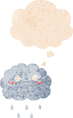 Düşünce baloncuğu ve grunge ile sevimli çizgi film bulutu bir insan tarafından çizilmiş sıkıntılı retro dokuma tarzı