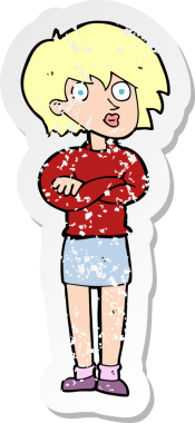 Çizgi film karakterli bir kadının gerilmiş çıkartması. Bir insan tarafından çekilen kollarını kavuşturmuş.