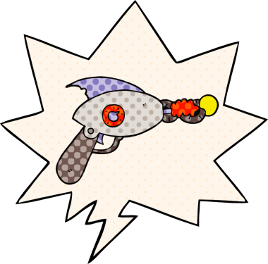 Bir insan tarafından çizilmiş çizgi roman tarzında konuşma baloncuklu çizgi film silahı.