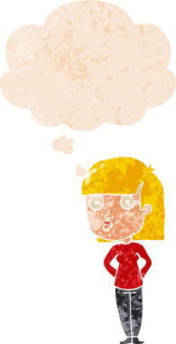 Düşünce baloncuğuyla bakan karikatür kadın grunge dertli eski moda bir insan tarafından çizilmiş