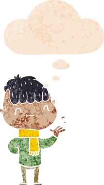 Düşünce baloncuğu ve grunge ile çizgi film dostu çocuk bir insan tarafından çizilmiş sıkıntılı retro dokuma tarzı