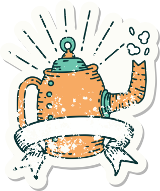 Dövme stili eski bir çıkartma. Bir insan tarafından çizilmiş eski bir kahve demliği.