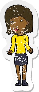 Bir insan tarafından çizilmiş omuzlarını silken karikatürlü bir kadının gerilmiş çıkartması.