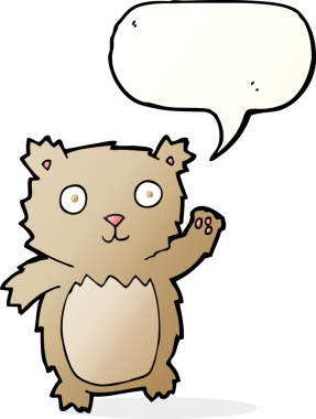 Bir insan tarafından çizilmiş konuşma balonlu oyuncak ayıyı sallayan çizgi film.