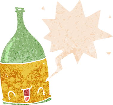 Bir insan tarafından çizilmiş grunge dertli retro tarzı konuşma baloncuğu ile çizgi film şarap şişesi