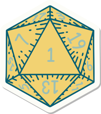 Bir insan tarafından çizilmiş doğal 1 D20 zar etiketi.