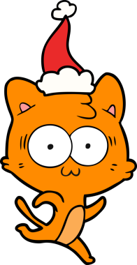 Bir insan tarafından çizilmiş Noel Baba şapkasıyla koşan sürpriz bir kedinin el çizimi.