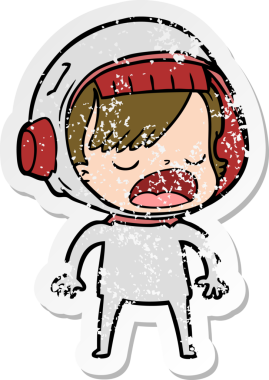 Bir astronot kadının insan tarafından çizildiğini açıklayan bir karikatür çıkartması.