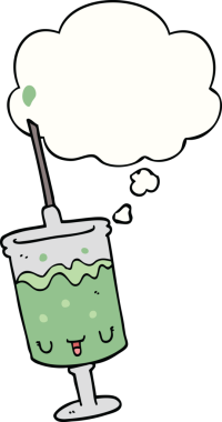 Bir insan tarafından çizilmiş düşünce baloncuklu şırınga.