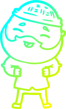 Bir insan tarafından çizilmiş, mutlu, sakallı, çizgi film karakteri.