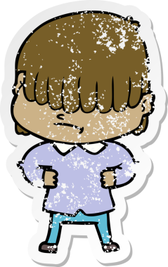 Bir insan tarafından çizilmiş dağınık saçlı bir çizgi film çocuğunun sıkıntılı çıkartması.