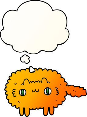 Bir insan tarafından çizilmiş yumuşak eğimli düşünce baloncuklu çizgi film kedisi.