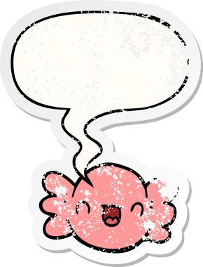 Konuşma balonuyla sarılı çizgi film bir insan tarafından çizilmiş sıkıntılı eski bir çıkartma