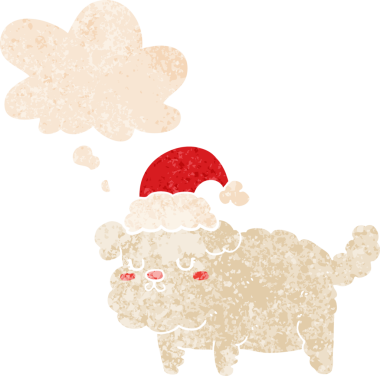 Düşünce baloncuğu olan sevimli bir noel köpeği. Bir insan tarafından çizilmiş dertli eski moda bir resim.