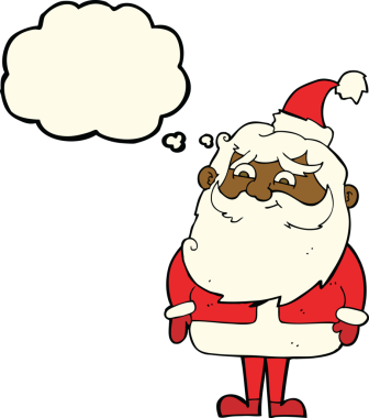 Bir insan tarafından çizilmiş düşünce baloncuklu Noel Baba çizgi filmi.