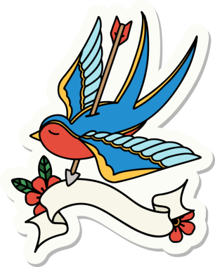 Bir insanın çizdiği okla delinmiş bir kırlangıç sancağına sahip dövme stili çıkartması