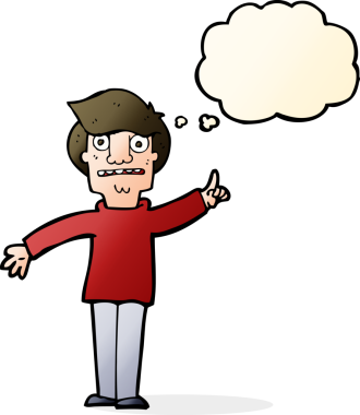 Çizgi filmci bir insan tarafından çizilmiş düşünce baloncuğuyla soru soruyor.