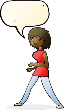 Bir insan tarafından çizilmiş bir konuşma balonuyla yürüyen bir karikatür kadını.