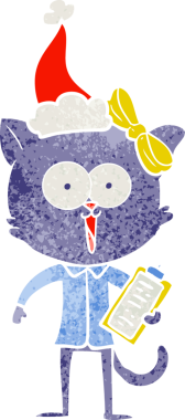 Bir insan tarafından çizilmiş Noel Baba şapkası takan bir kedinin retro karikatürü.